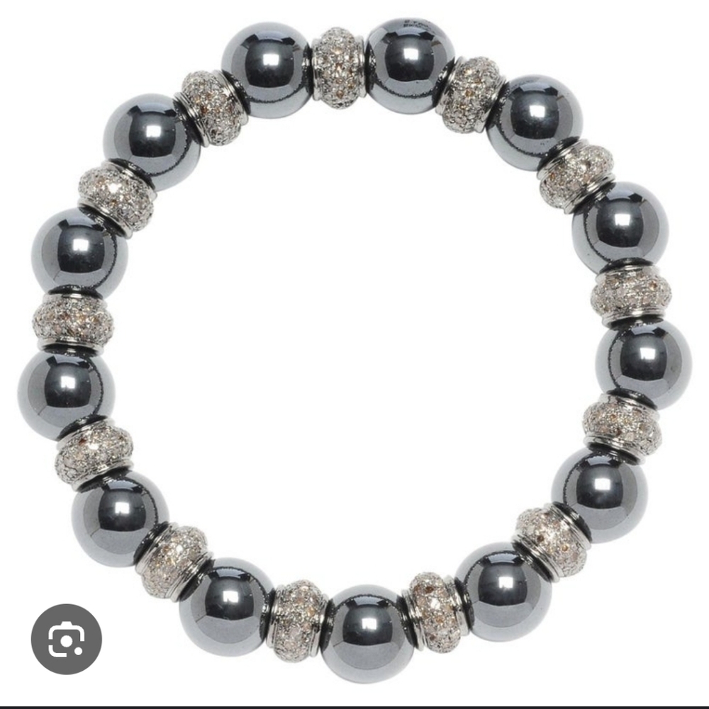 (7")NEW💎 Hematite Healing Magnetic Silvertone & Rhinestone Bead Bracelet
